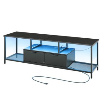 Musta televisiojalusta LED -valo- ja televisioiden pistorasioilla 65 Tuuma, TV-mediakonsoli kaksoiskaapissa, Peliviihdekeskus olohuoneen makuuhuoneeseen