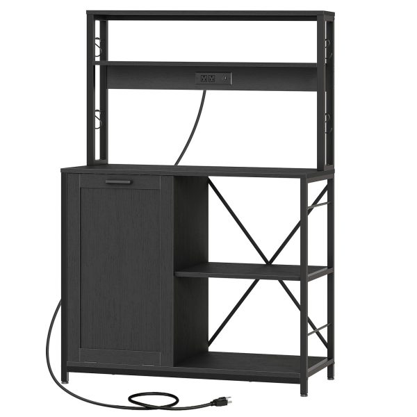 5-Tier Kitchen Bakers Rack with Integrated Power Module, Microwave Stand with Trash Can Storage Cabinet, Multi-Functional Storage Shelf for Coffee Bar, Dining & Living Room, Black Finish