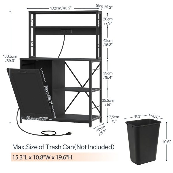 5-Tier Kitchen Bakers Rack with Integrated Power Module, Microwave Stand with Trash Can Storage Cabinet, Multi-Functional Storage Shelf for Coffee Bar, Dining & Living Room, Black Finish