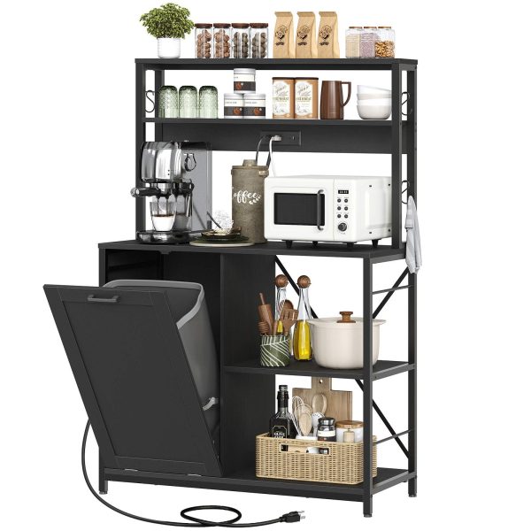 5-Tier Kitchen Bakers Rack with Integrated Power Module, Microwave Stand with Trash Can Storage Cabinet, Multi-Functional Storage Shelf for Coffee Bar, Dining & Living Room, Black Finish