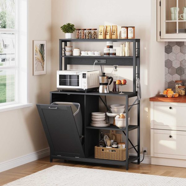 5-Tier Kitchen Bakers Rack with Integrated Power Module, Microwave Stand with Trash Can Storage Cabinet, Multi-Functional Storage Shelf for Coffee Bar, Dining & Living Room, Black Finish