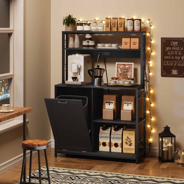 5-Tier Kitchen Bakers Rack with Integrated Power Module, Microwave Stand with Trash Can Storage Cabinet, Multi-Functional Storage Shelf for Coffee Bar, Dining & Living Room, Black Finish