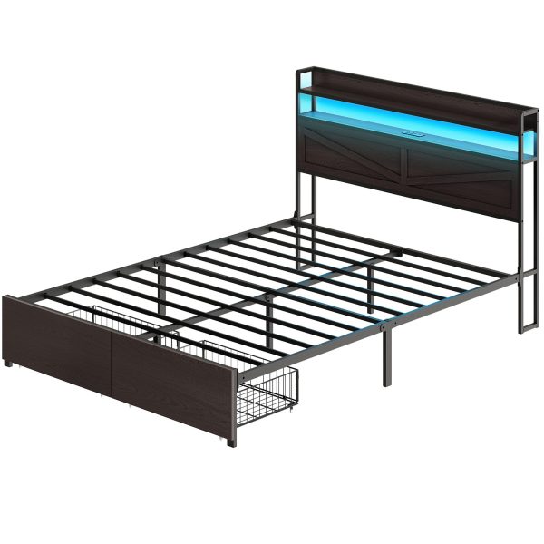 Black Queen Size Metal Platform Bed Frame with LED Light Strip, Charging Station Headboard and 2 Storage Drawers Footboard, Industrial-Style, Sturdy Construction, No Box Spring Required