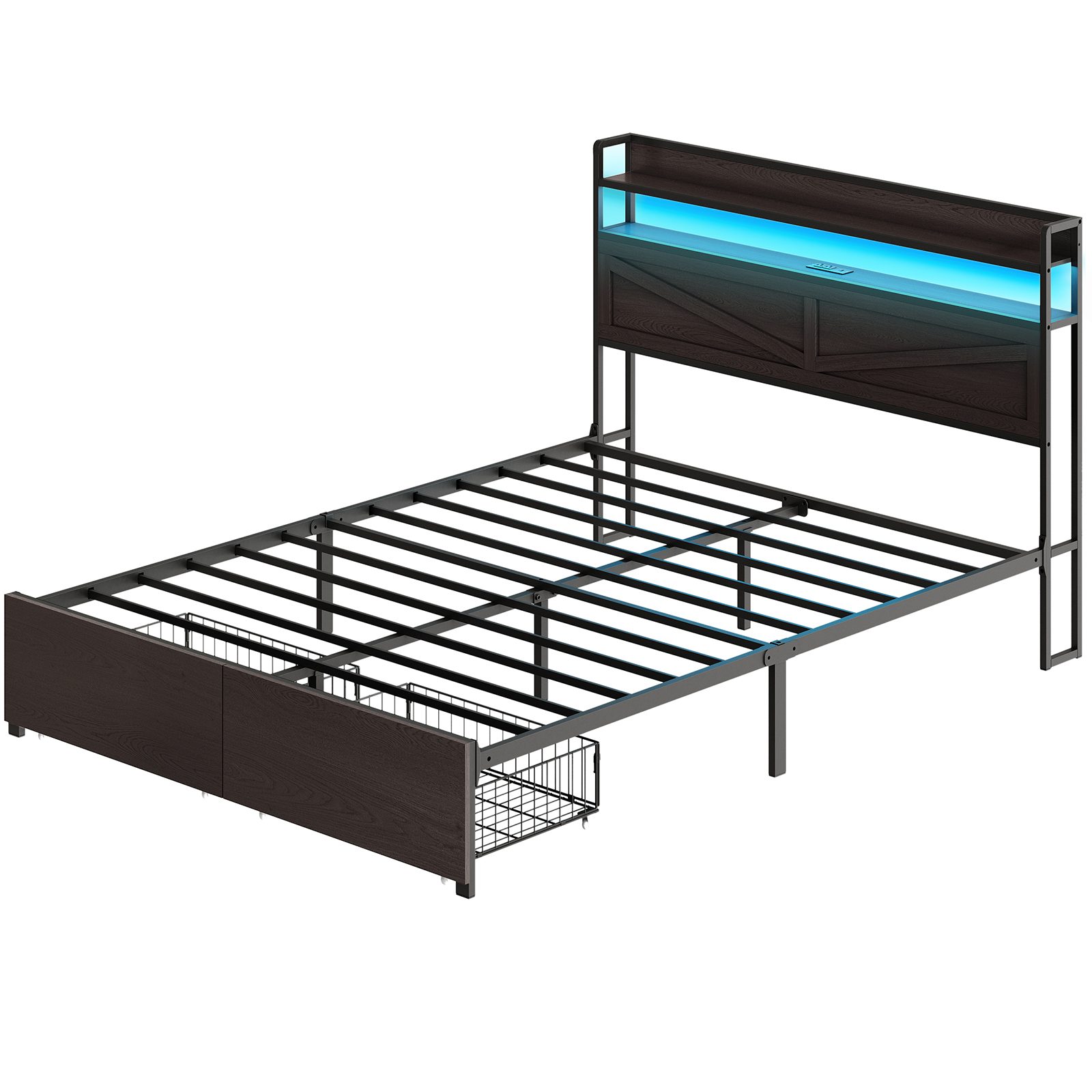Black Queen Size Metal Platform Bed Frame with LED Light Strip, Charging Station Headboard and 2 Úložné zásuvky Footboard, Průmyslový styl, Robustní konstrukce, Není vyžadována žádná krabicová pružina