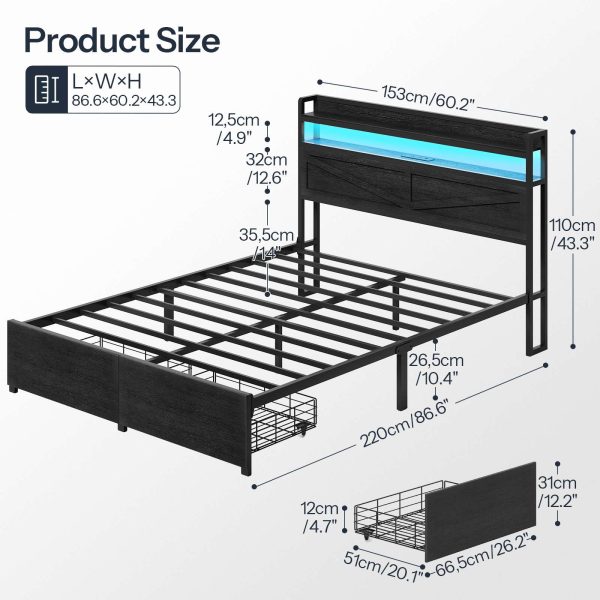 Black Queen Size Metal Platform Bed Frame with LED Light Strip, Charging Station Headboard and 2 Storage Drawers Footboard, Industrial-Style, Sturdy Construction, No Box Spring Required