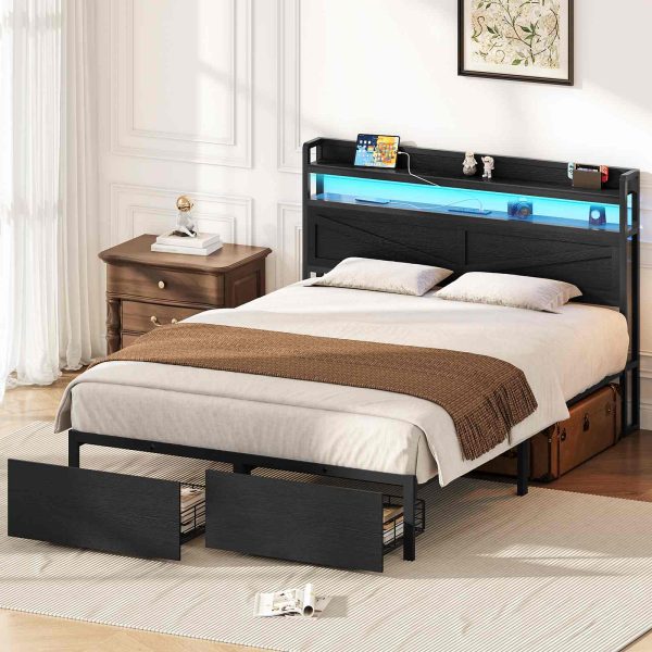 Black Queen Size Metal Platform Bed Frame with LED Light Strip, Charging Station Headboard and 2 Storage Drawers Footboard, Industrial-Style, Sturdy Construction, No Box Spring Required