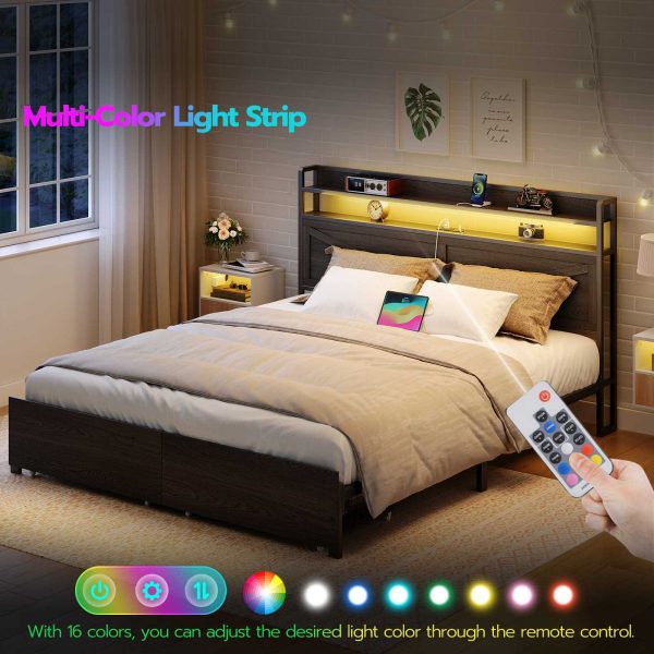 Black Queen Size Metal Platform Bed Frame with LED Light Strip, Charging Station Headboard and 2 Storage Drawers Footboard, Industrial-Style, Sturdy Construction, No Box Spring Required