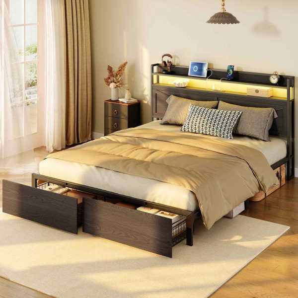 Black Queen Size Metal Platform Bed Frame with LED Light Strip, Charging Station Headboard and 2 Storage Drawers Footboard, Industrial-Style, Sturdy Construction, No Box Spring Required