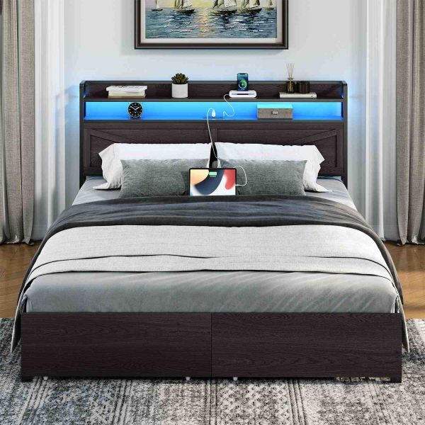 Black Queen Size Metal Platform Bed Frame with LED Light Strip, Charging Station Headboard and 2 Storage Drawers Footboard, Industrial-Style, Sturdy Construction, No Box Spring Required