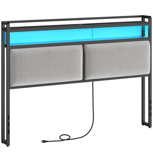 Queen-Size Upholstered Headboard with Integrated Charging Station & Регулируемое светодиодное освещение, 2 Розетки переменного тока & 2 USB-порты, Double-Tier Storage Design, Легкая сборка, Черный & Gray Finish