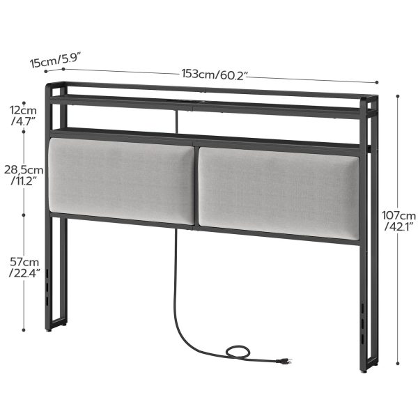Queen-Size Upholstered Headboard with Integrated Charging Station & Регулируемое светодиодное освещение, 2 Розетки переменного тока & 2 USB-порты, Double-Tier Storage Design, Легкая сборка, Черный & Gray Finish