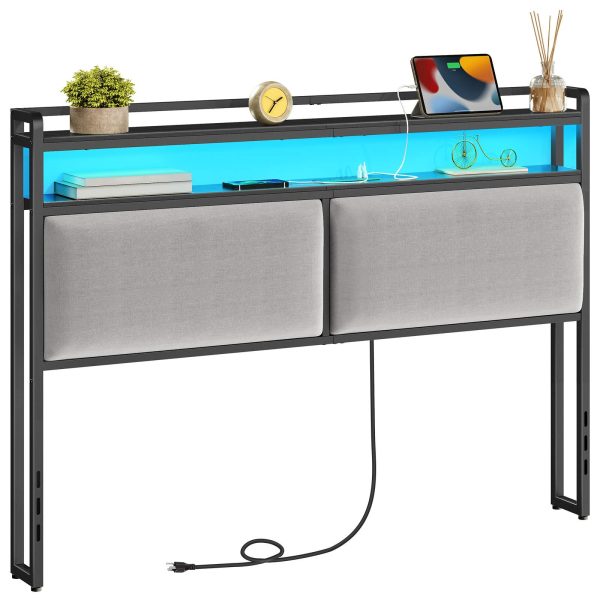 Queen-Size Upholstered Headboard with Integrated Charging Station & Регулируемое светодиодное освещение, 2 Розетки переменного тока & 2 USB-порты, Double-Tier Storage Design, Легкая сборка, Черный & Gray Finish