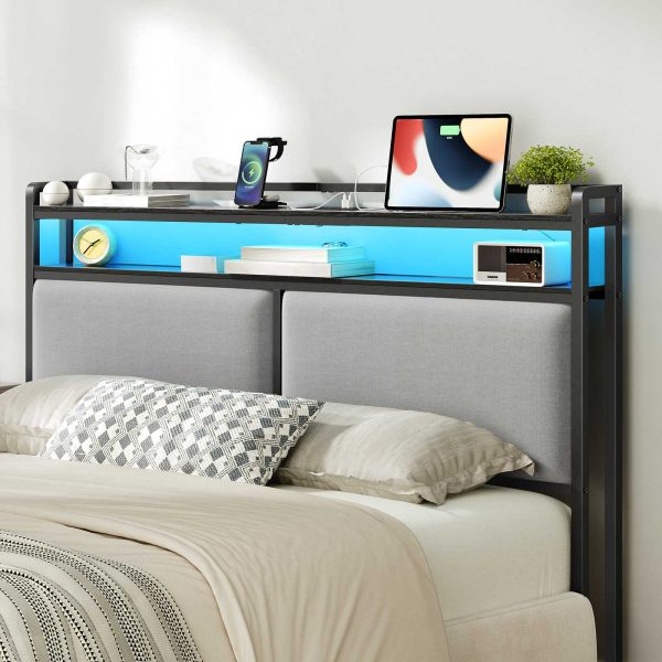 Queen-Size Upholstered Headboard with Integrated Charging Station & Регулируемое светодиодное освещение, 2 Розетки переменного тока & 2 USB-порты, Double-Tier Storage Design, Легкая сборка, Черный & Gray Finish