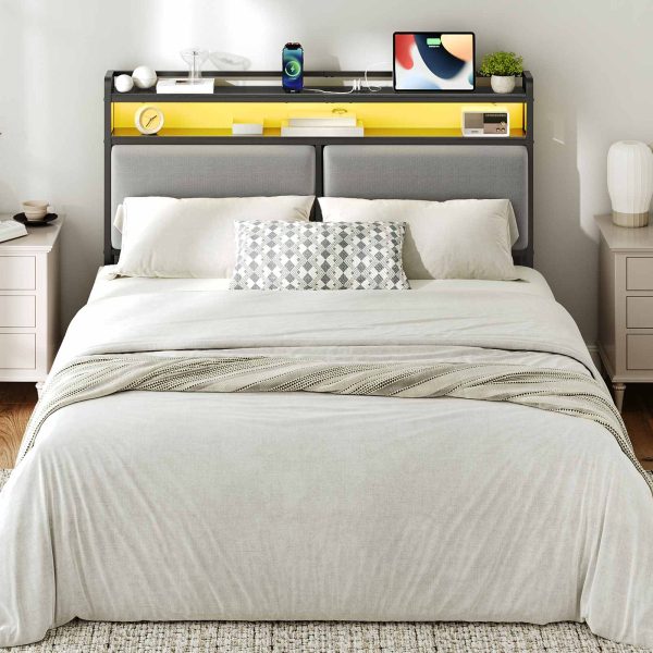 Queen-Size Upholstered Headboard with Integrated Charging Station & Регулируемое светодиодное освещение, 2 Розетки переменного тока & 2 USB-порты, Double-Tier Storage Design, Легкая сборка, Черный & Gray Finish