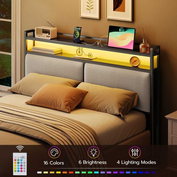 Queen-Size Upholstered Headboard with Integrated Charging Station & Регулируемое светодиодное освещение, 2 Розетки переменного тока & 2 USB-порты, Double-Tier Storage Design, Легкая сборка, Черный & Gray Finish