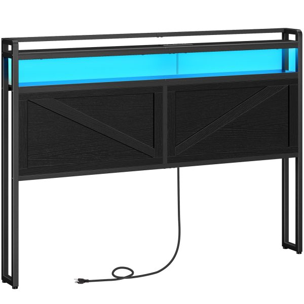 Queen-Size Headboard with Integrated Charging Station and LED Light Strip, 2-Tier Open Storage Headboard with AC Outlets and USB Ports, Industrial-Style, Compatible with Queen-Size Beds, Black Finish
