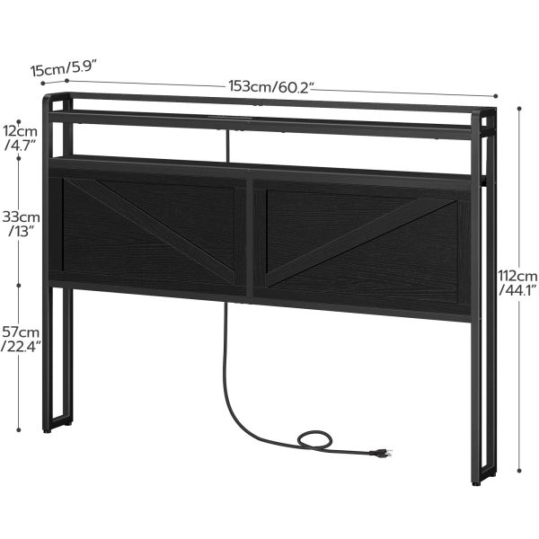 Queen-Size Headboard with Integrated Charging Station and LED Light Strip, 2-Tier Open Storage Headboard with AC Outlets and USB Ports, Industrial-Style, Compatible with Queen-Size Beds, Black Finish