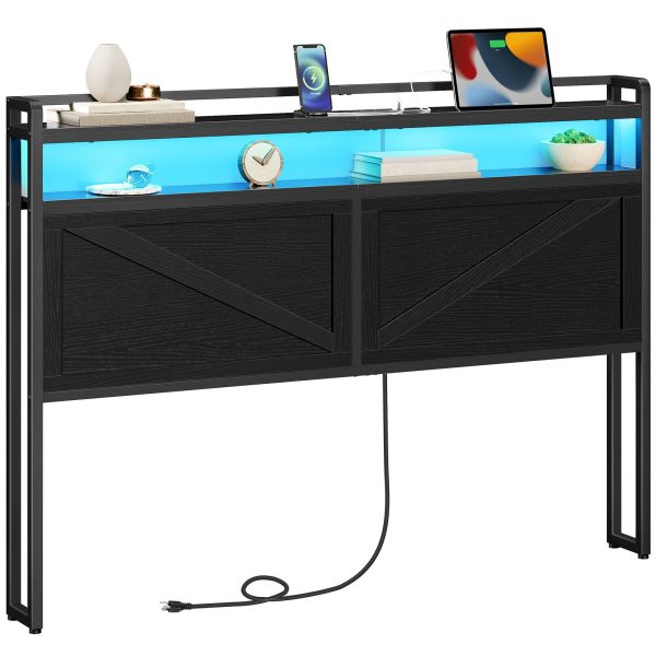 Queen-Size Headboard with Integrated Charging Station and LED Light Strip, 2-Tier Open Storage Headboard with AC Outlets and USB Ports, Industrial-Style, Compatible with Queen-Size Beds, Black Finish