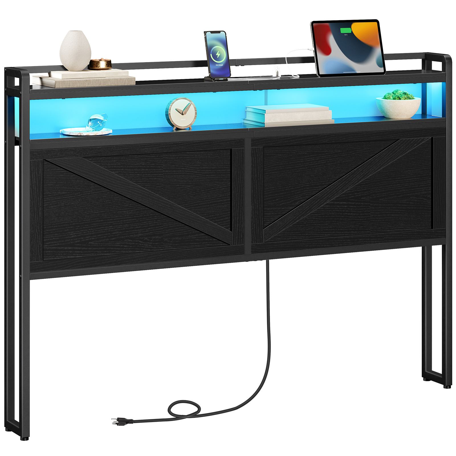 Queen-size sengegavl med integreret ladestation og LED-lysstribe, 2-Tier Open Storage Hovedgærde med AC-udtag og USB-porte, Industriel stil, Kompatibel med queen-size senge, Sort finish