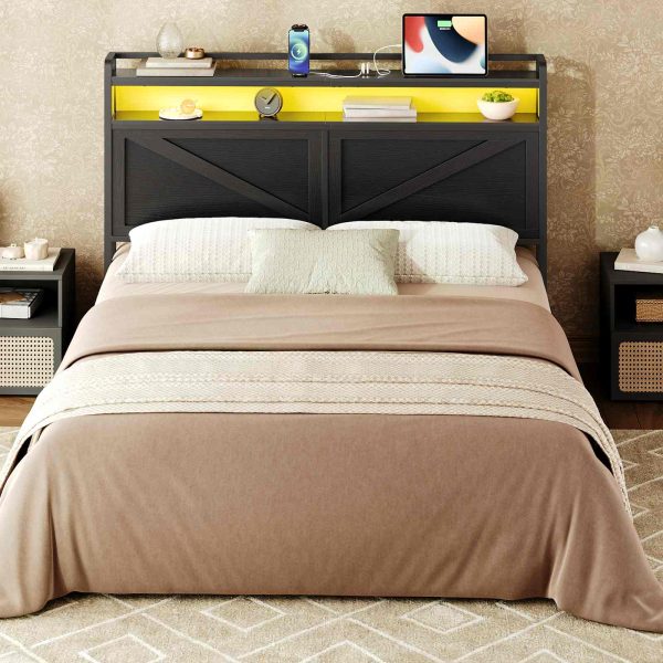 Queen-Size Headboard with Integrated Charging Station and LED Light Strip, 2-Tier Open Storage Headboard with AC Outlets and USB Ports, Industrial-Style, Compatible with Queen-Size Beds, Black Finish