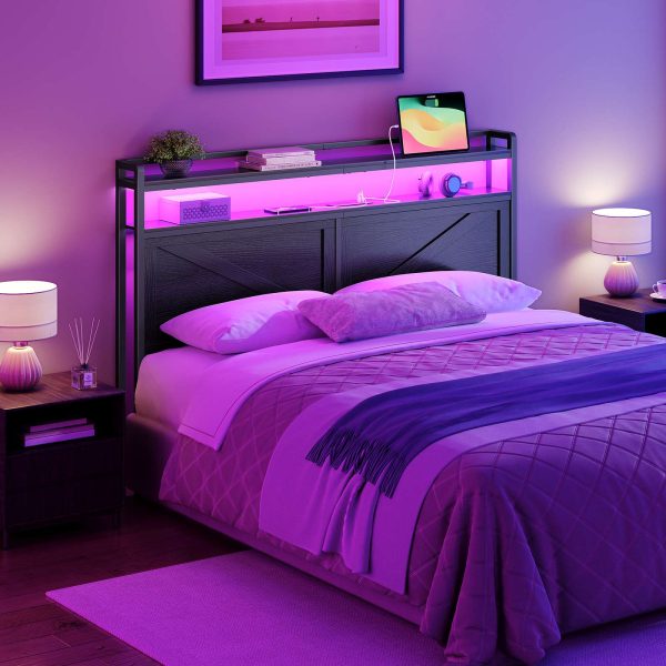 Queen-Size Headboard with Integrated Charging Station and LED Light Strip, 2-Tier Open Storage Headboard with AC Outlets and USB Ports, Industrial-Style, Compatible with Queen-Size Beds, Black Finish