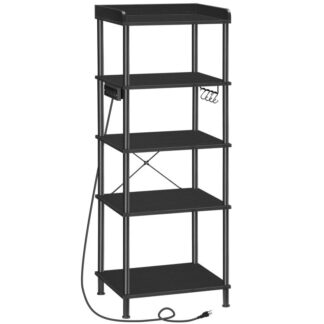 Black Kitchen Bakers Rack with Power Outlet, 5-Tier Free Standing Kitchen Storage Shelf Rack, Microwave Stand with 4 S-Shaped Hooks