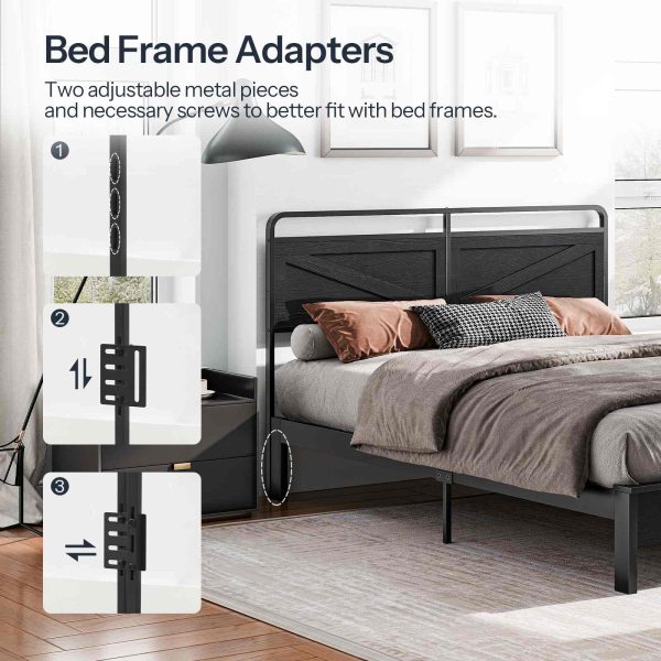 King-Size Wooden Panel Headboard, Height-Adjustable Design with Metal Frame, Black Finish