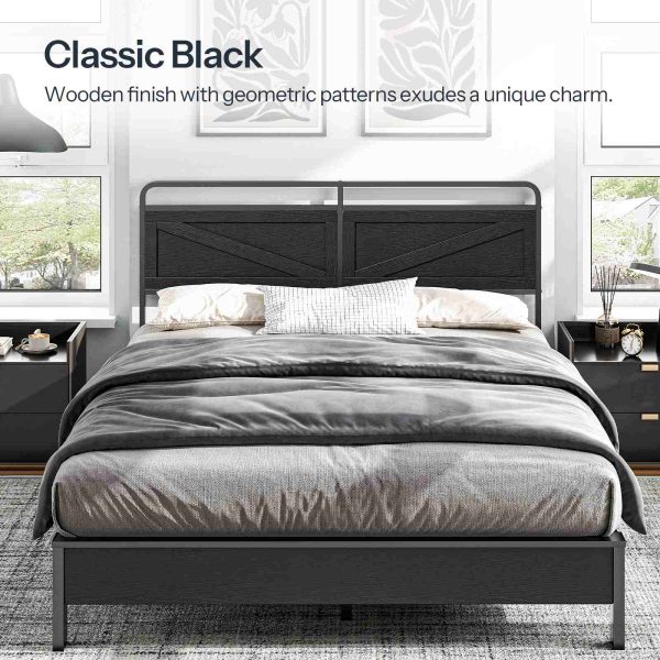 King-Size Wooden Panel Headboard, Height-Adjustable Design with Metal Frame, Black Finish
