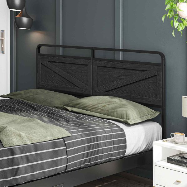 King-Size Wooden Panel Headboard, Height-Adjustable Design with Metal Frame, Black Finish