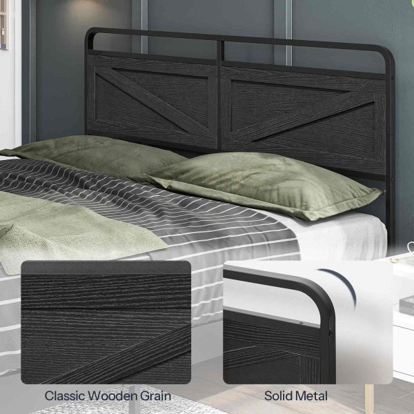 King-Size Wooden Panel Headboard, Height-Adjustable Design with Metal Frame, Black Finish