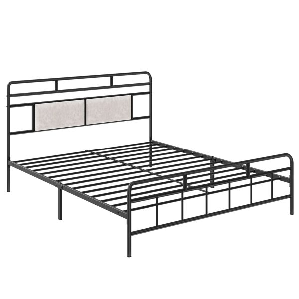 Full Size Heavy-Duty Black Metal Bed Frame with Upholstered Headboard, Soundless Structure, Δεν απαιτείται ελατήριο κουτιού