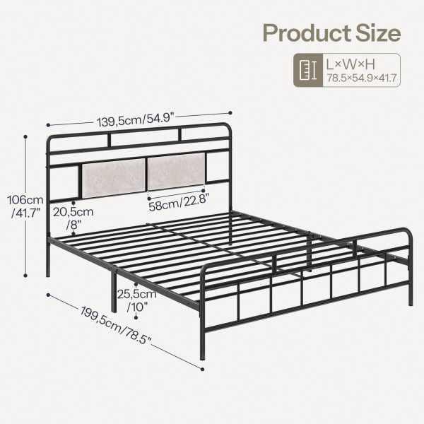 Full Size Heavy-Duty Black Metal Bed Frame with Upholstered Headboard, Soundless Structure, Δεν απαιτείται ελατήριο κουτιού