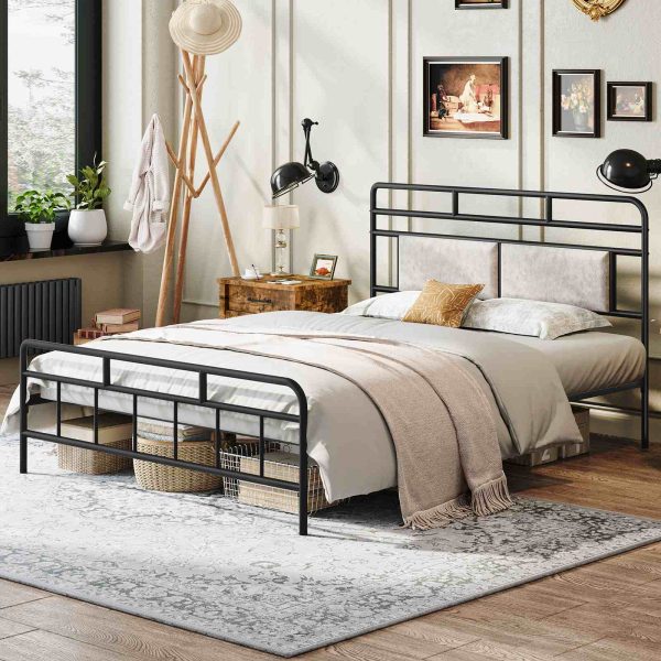 Full Size Heavy-Duty Black Metal Bed Frame with Upholstered Headboard, Soundless Structure, Δεν απαιτείται ελατήριο κουτιού