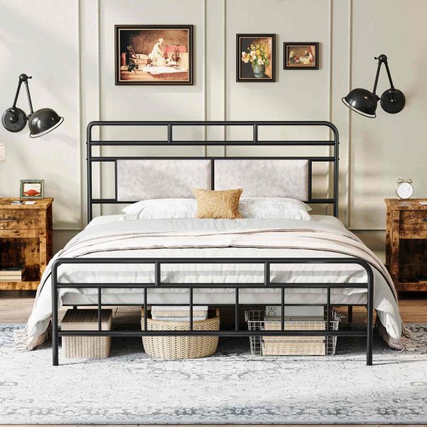 Full Size Heavy-Duty Black Metal Bed Frame with Upholstered Headboard, Soundless Structure, Δεν απαιτείται ελατήριο κουτιού