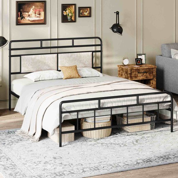 Full Size Heavy-Duty Black Metal Bed Frame with Upholstered Headboard, Soundless Structure, Δεν απαιτείται ελατήριο κουτιού