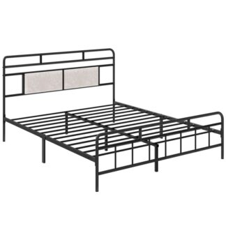 Eisenbet -Rahmen, Queen-Size-Bettgestell, Hochleistungs -Metall -Bettrahmen, mit gepolstertem Kopfteil, Lautlos, Keine Boxspringbetten erforderlich