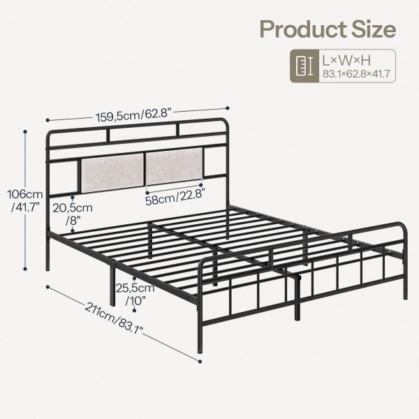 Queen Size Heavy-Duty Metal Bed Frame with Upholstered Headboard, Soundless Structure, Δεν απαιτείται ελατήριο κουτιού