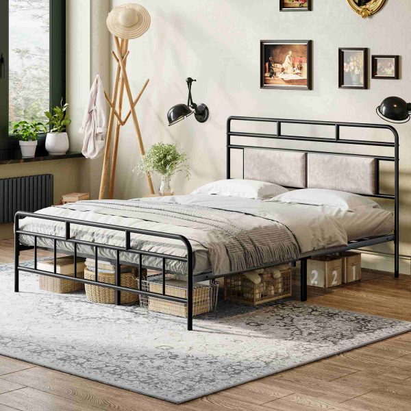 Queen Size Heavy-Duty Metal Bed Frame with Upholstered Headboard, Soundless Structure, Δεν απαιτείται ελατήριο κουτιού