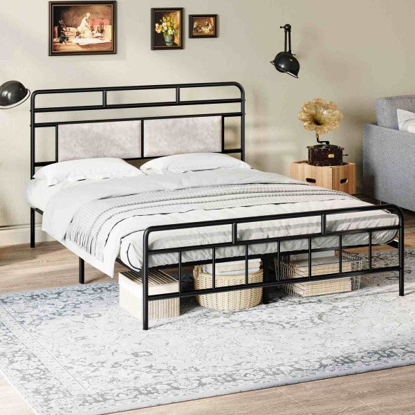 Queen Size Heavy-Duty Metal Bed Frame with Upholstered Headboard, Soundless Structure, Δεν απαιτείται ελατήριο κουτιού