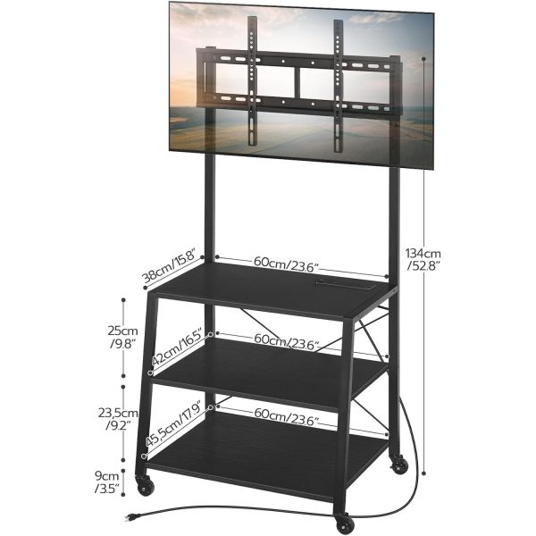 Мобильная подставка для телевизора с креплением и розеткой, Совместимость с телевизорами до 55 дюймов., Черный трехуровневый угловой развлекательный центр для хранения вещей в гостиной, Спальня