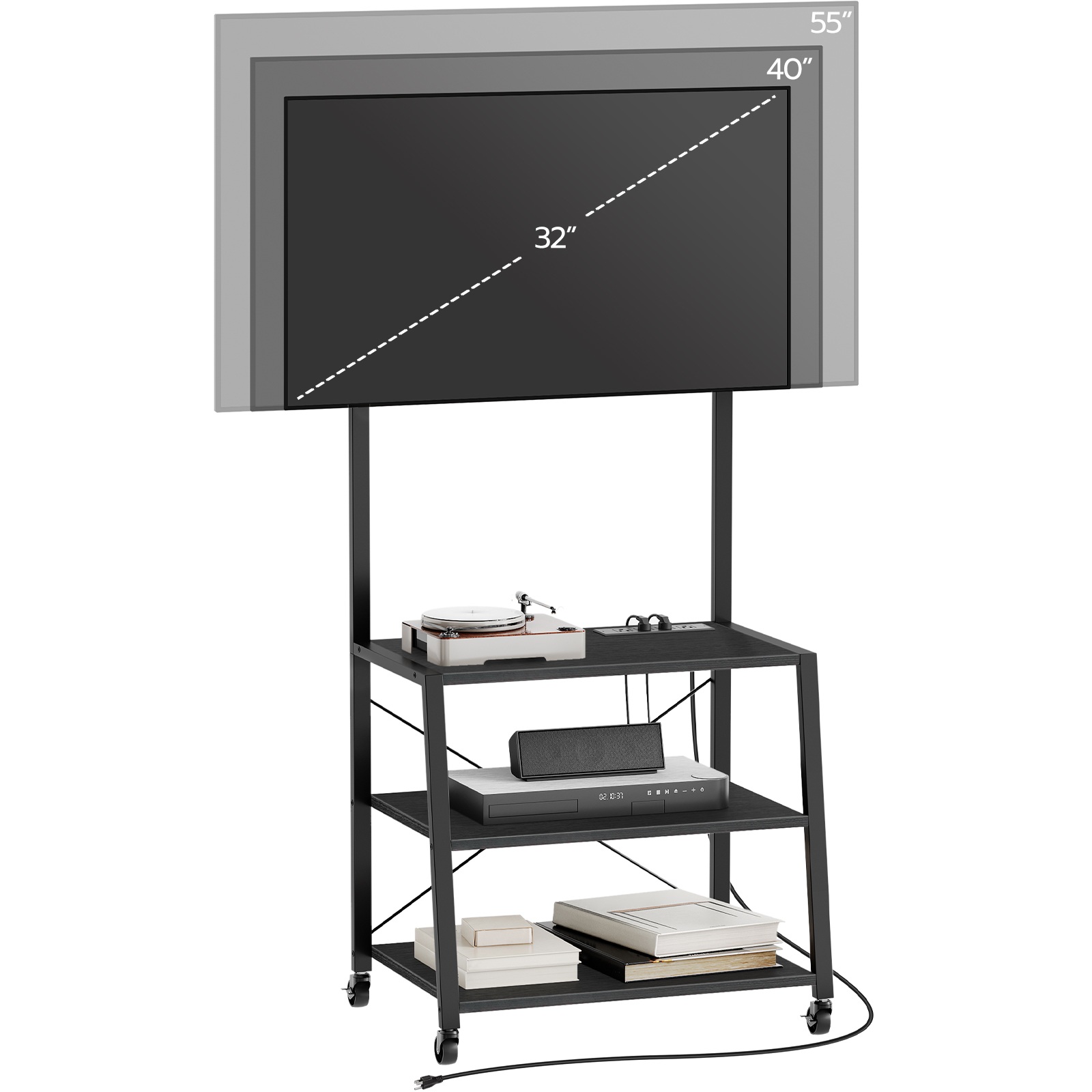 Мобильная подставка для телевизора с креплением и розеткой, Совместимость с телевизорами до 55 дюймов., Черный трехуровневый угловой развлекательный центр для хранения вещей в гостиной, Спальня