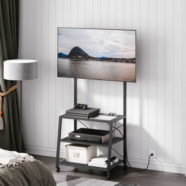 Мобильная подставка для телевизора с креплением и розеткой, Совместимость с телевизорами до 55 дюймов., Черный трехуровневый угловой развлекательный центр для хранения вещей в гостиной, Спальня