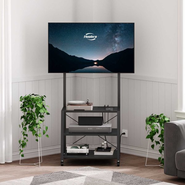 Мобильная подставка для телевизора с креплением и розеткой, Совместимость с телевизорами до 55 дюймов., Черный трехуровневый угловой развлекательный центр для хранения вещей в гостиной, Спальня