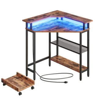 Eckschreibtisch, Gaming-Tisch mit Ladestation und LED-Streifen, 90 Corner Computertabelle, Mobiler PC-Halter, Verstellbares Netzregal, für kleine Räume/Heimbüro, Rustikalbraun und schwarz