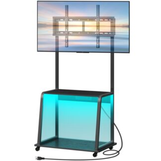 Black Corner TV Stand με βουνό και έξοδο τροφοδοσίας μέχρι 55 ", Στάση τηλεόρασης με λυχνίες LED, Heights ρυθμιζόμενο τραπέζι της κονσόλας τηλεόρασης για σαλόνι, Υπνοδωμάτιο, Γραφείο