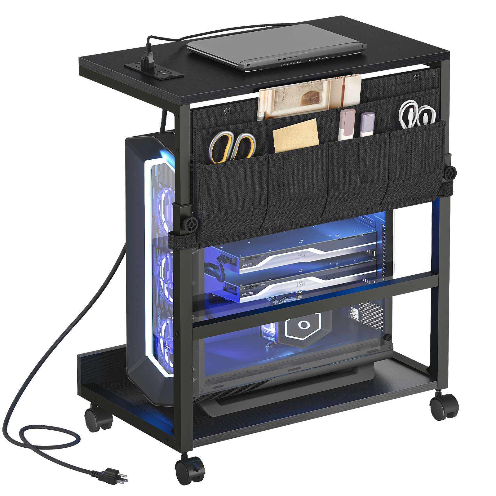 Multi-Functional Adjustable PC Tower Stand with Integrated Charging Station, Mobile CPU Holder with Locking Casters & Storage Pockets, Under-Desk Computer Tower Support for Home Office & Bedroom