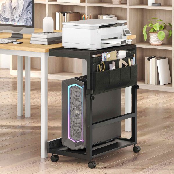 Multi-Functional Adjustable PC Tower Stand with Integrated Charging Station, Mobile CPU Holder with Locking Casters & Storage Pockets, Under-Desk Computer Tower Support for Home Office & Bedroom