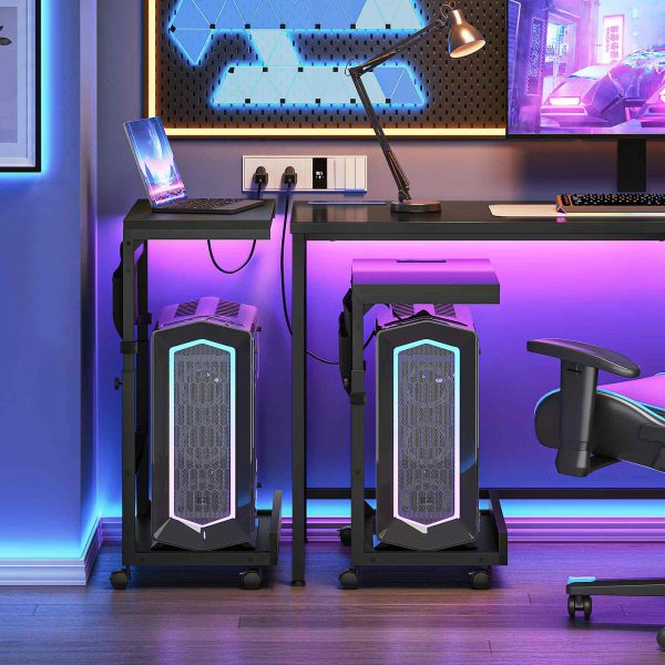 Multi-Functional Adjustable PC Tower Stand with Integrated Charging Station, Mobile CPU Holder with Locking Casters & Storage Pockets, Under-Desk Computer Tower Support for Home Office & Bedroom