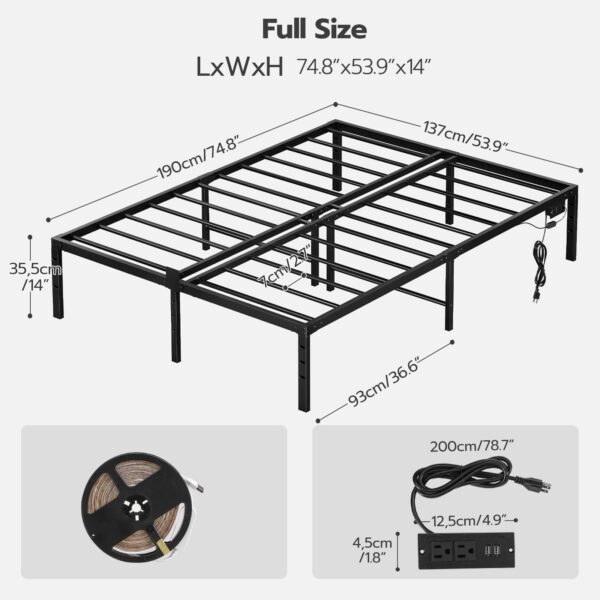 Cadre de lit complet avec des lumières LED, Cadre de lit plateforme en métal avec station de recharge, 2 Points de vente et 2 Ports USB, Cadre de lit pleine grandeur robuste, Grand espace de rangement sous le lit, Noir