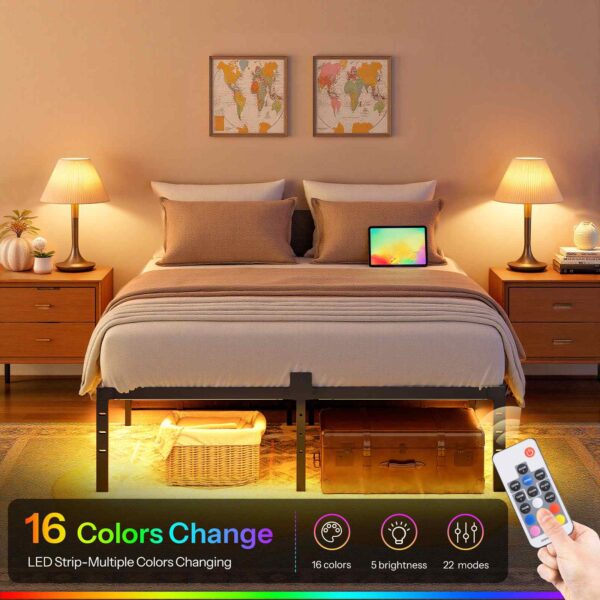 Cadre de lit complet avec des lumières LED, Cadre de lit plateforme en métal avec station de recharge, 2 Points de vente et 2 Ports USB, Cadre de lit pleine grandeur robuste, Grand espace de rangement sous le lit, Noir